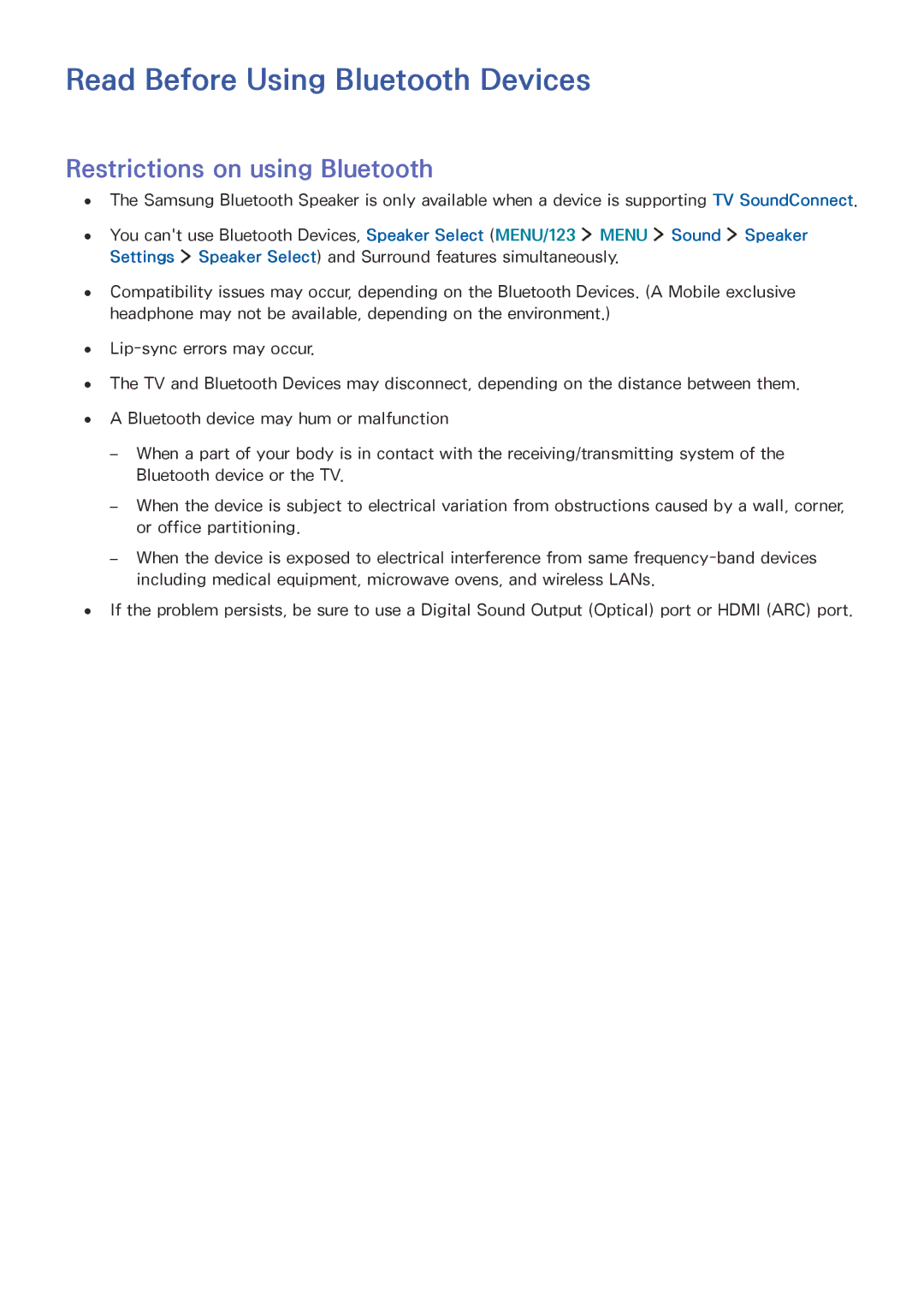 Samsung UA88JS9500KXXV, UA65JS9000KXSK, UA65JS9000KXZN Read Before Using Bluetooth Devices, Restrictions on using Bluetooth 