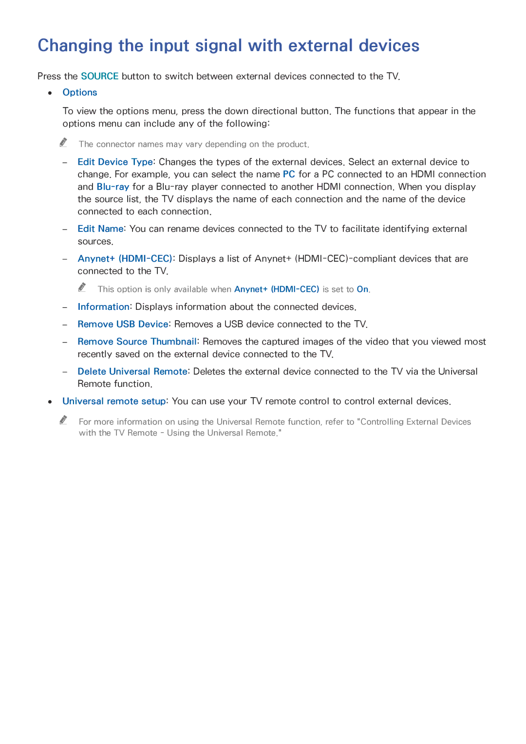 Samsung UA65JS9000KXXV, UA65JS9000KXSK, UA65JS9000KXZN manual Changing the input signal with external devices, Options 