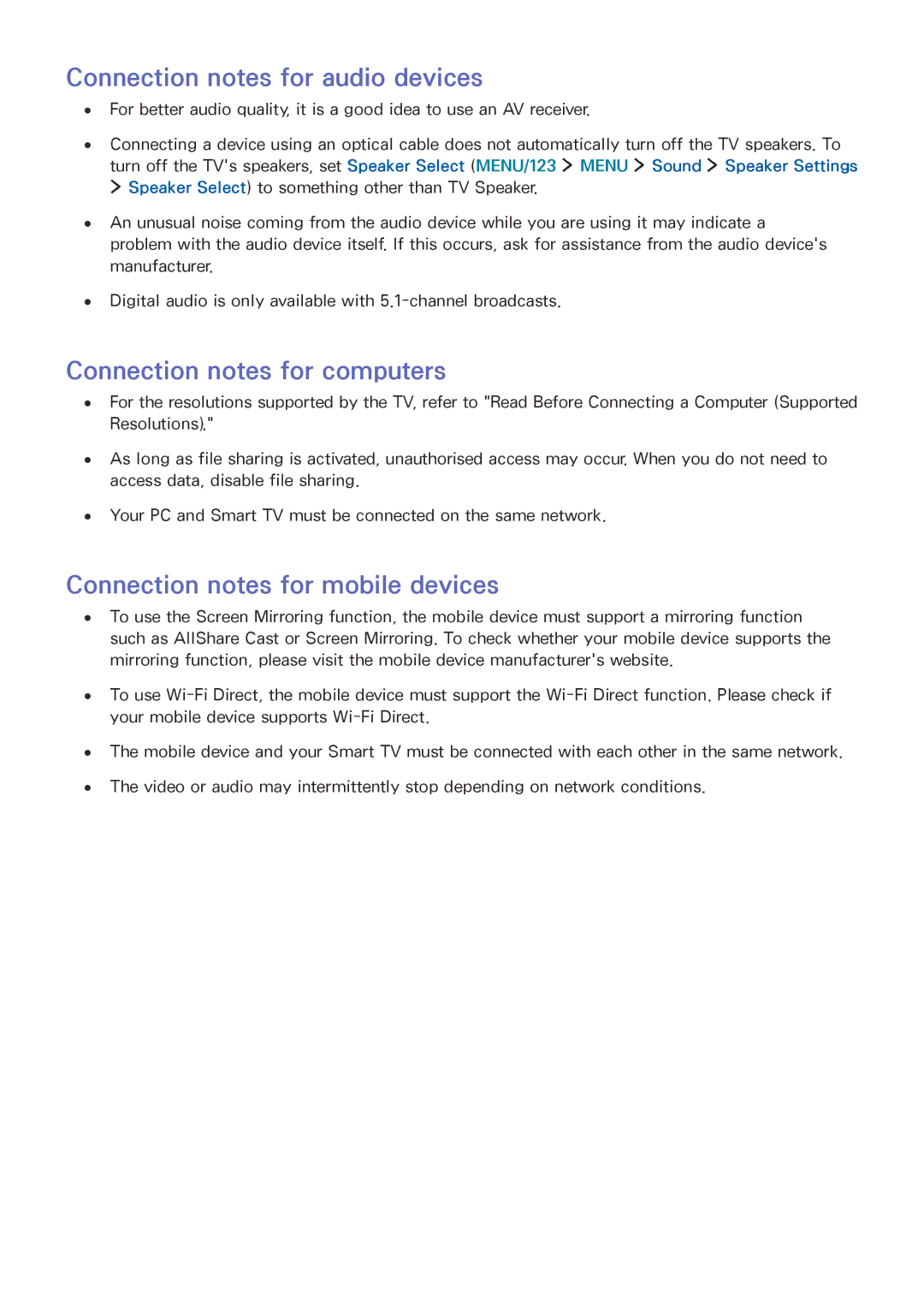 Samsung UA65JS9000KXSQ, UA65JS9000KXSK, UA65JS9000KXZN Connection notes for audio devices, Connection notes for computers 