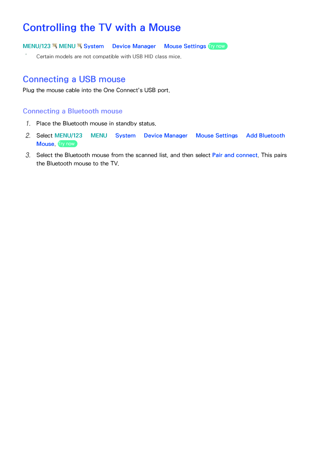 Samsung UA65JS9000KXSQ manual Controlling the TV with a Mouse, Connecting a USB mouse, Connecting a Bluetooth mouse 