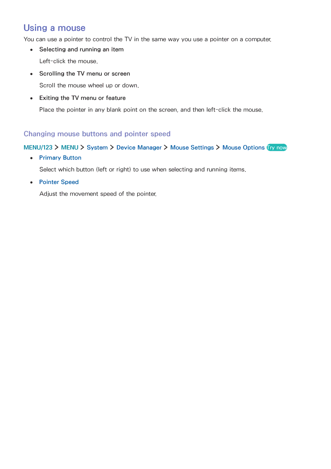 Samsung UA78JS9500KXSQ, UA65JS9000KXSK, UA65JS9000KXZN manual Using a mouse, Changing mouse buttons and pointer speed 