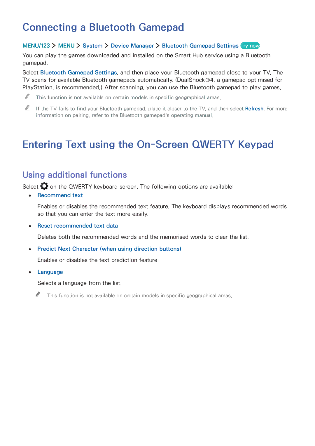 Samsung UA65JS9000KXSK, UA65JS9000KXZN Connecting a Bluetooth Gamepad, Entering Text using the On-Screen Qwerty Keypad 