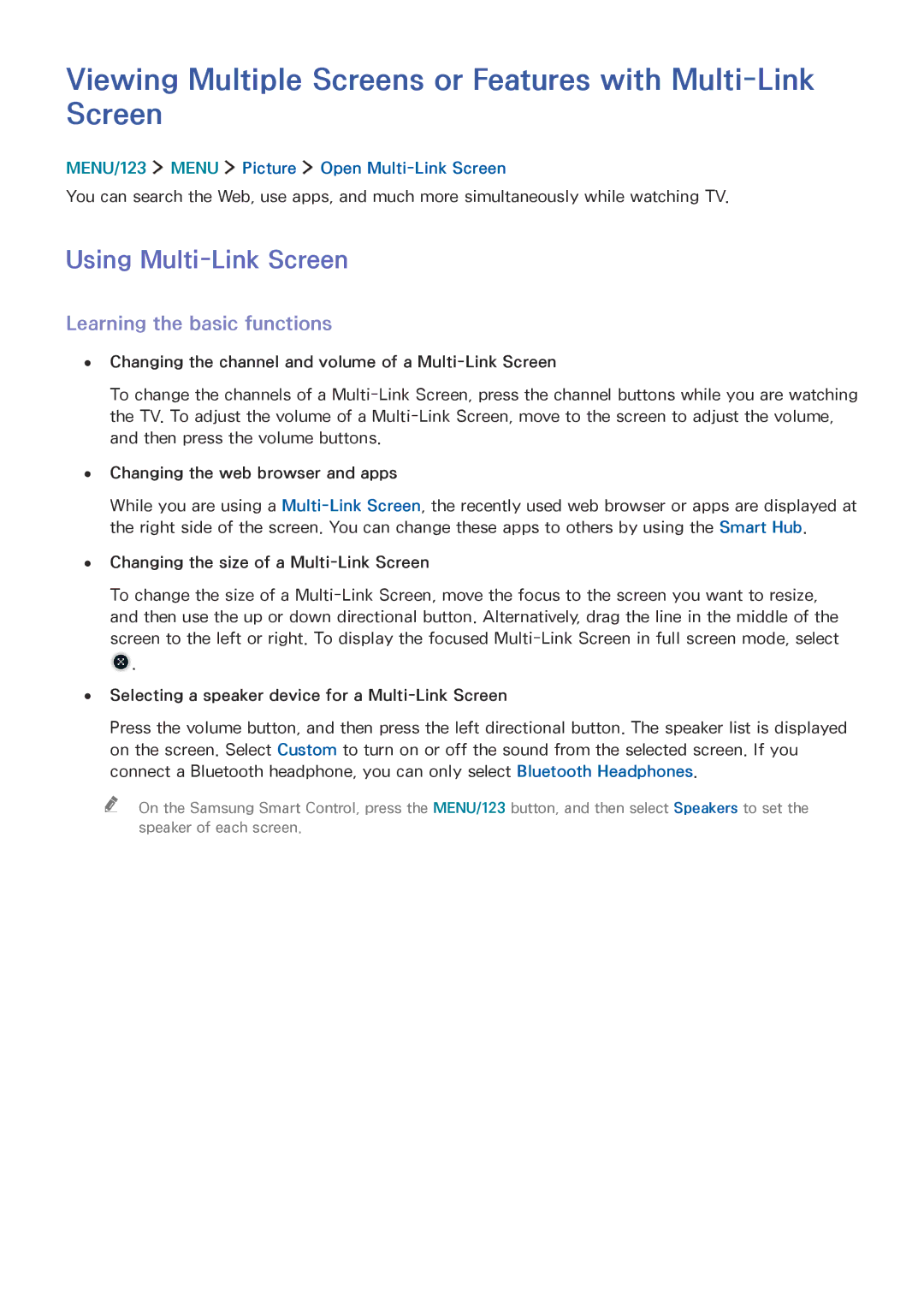 Samsung UA65JS9000KXZN manual Viewing Multiple Screens or Features with Multi-Link Screen, Using Multi-Link Screen 