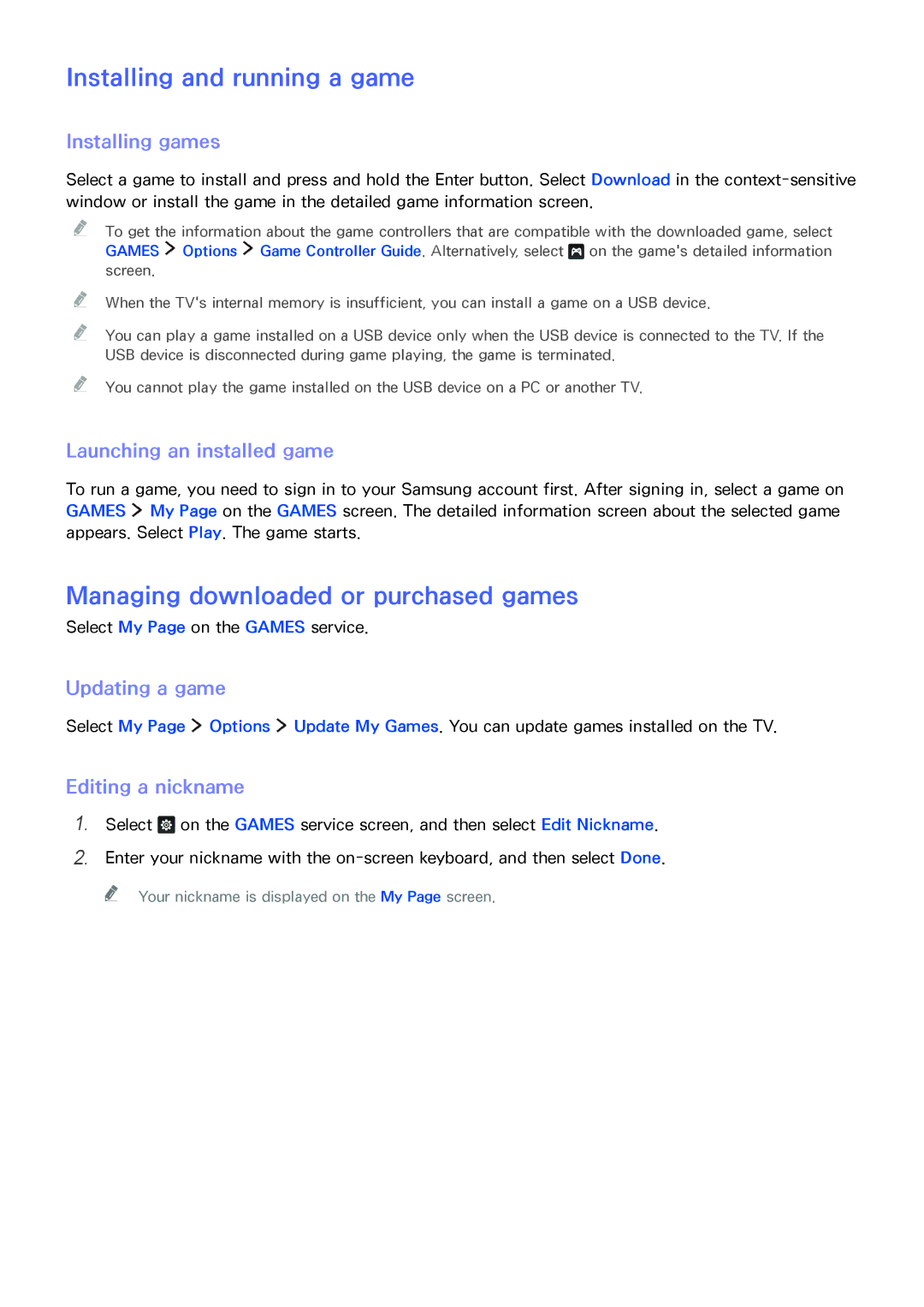 Samsung UA78JS9500KXSQ, UA65JS9000KXSK manual Installing and running a game, Managing downloaded or purchased games 