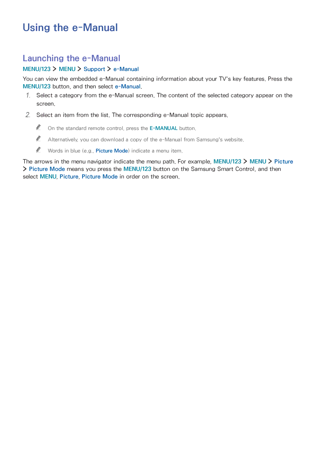 Samsung UA78JS9500KXXV, UA65JS9000KXSK manual Using the e-Manual, Launching the e-Manual, MENU/123 Menu Support e-Manual 