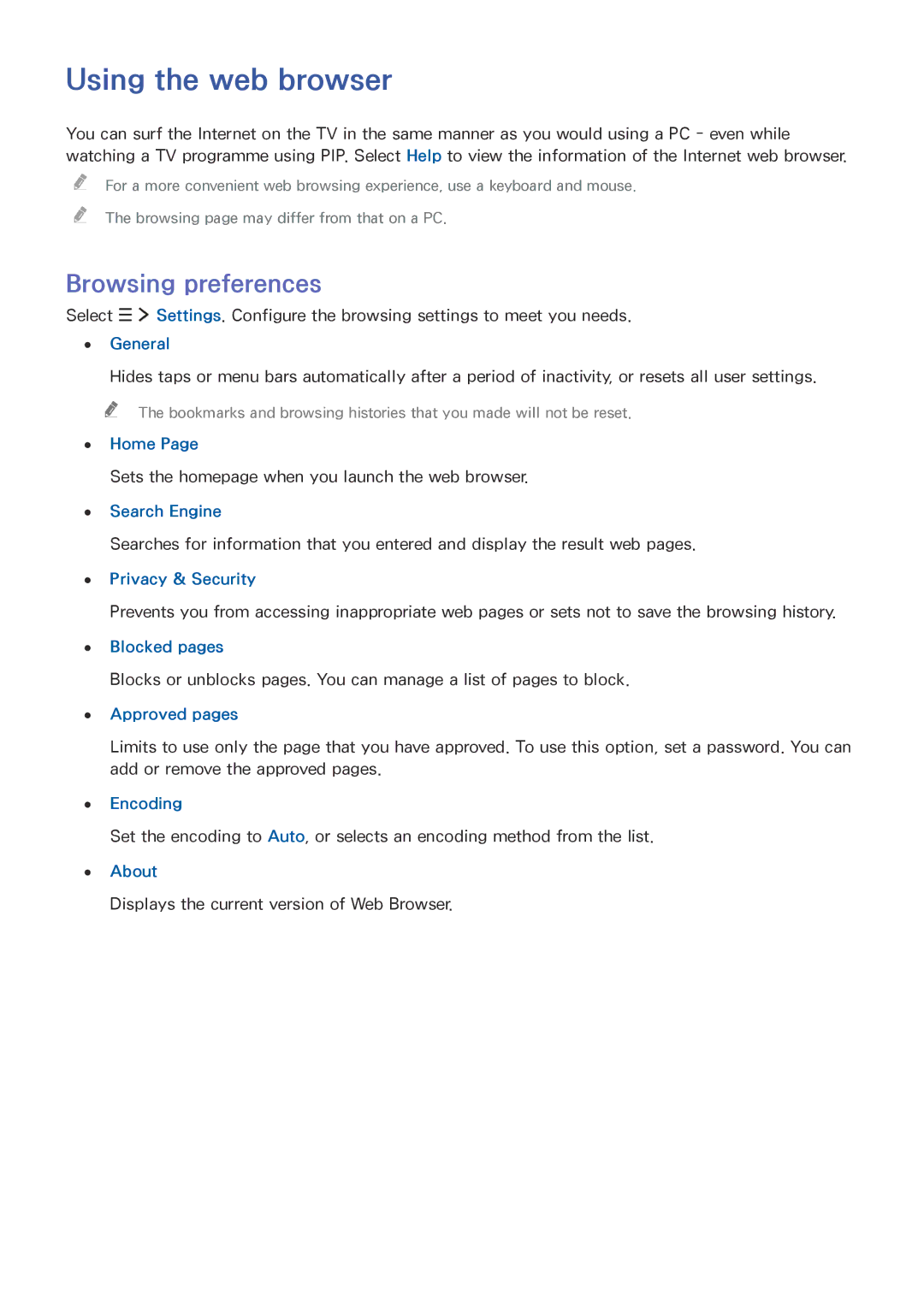 Samsung UA55JS9000KXSQ, UA65JS9000KXSK, UA65JS9000KXZN, UA88JS9500KXXV manual Using the web browser, Browsing preferences 