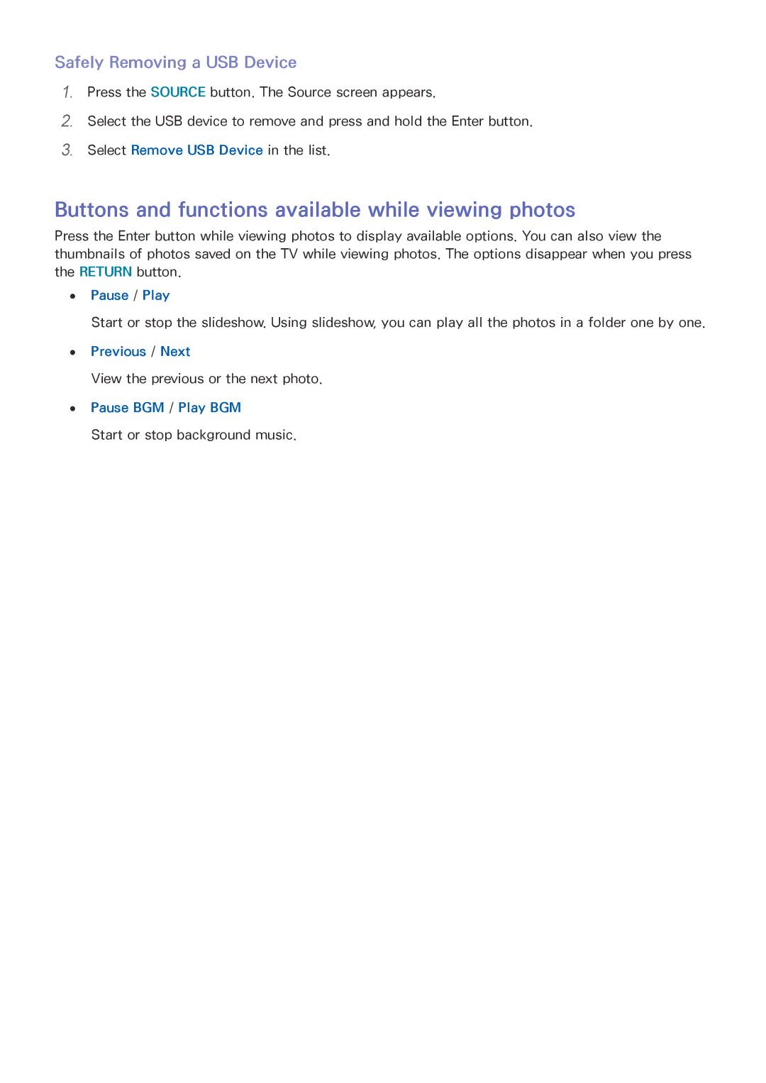 Samsung UA65JS9000KXSK Buttons and functions available while viewing photos, Safely Removing a USB Device, Pause / Play 
