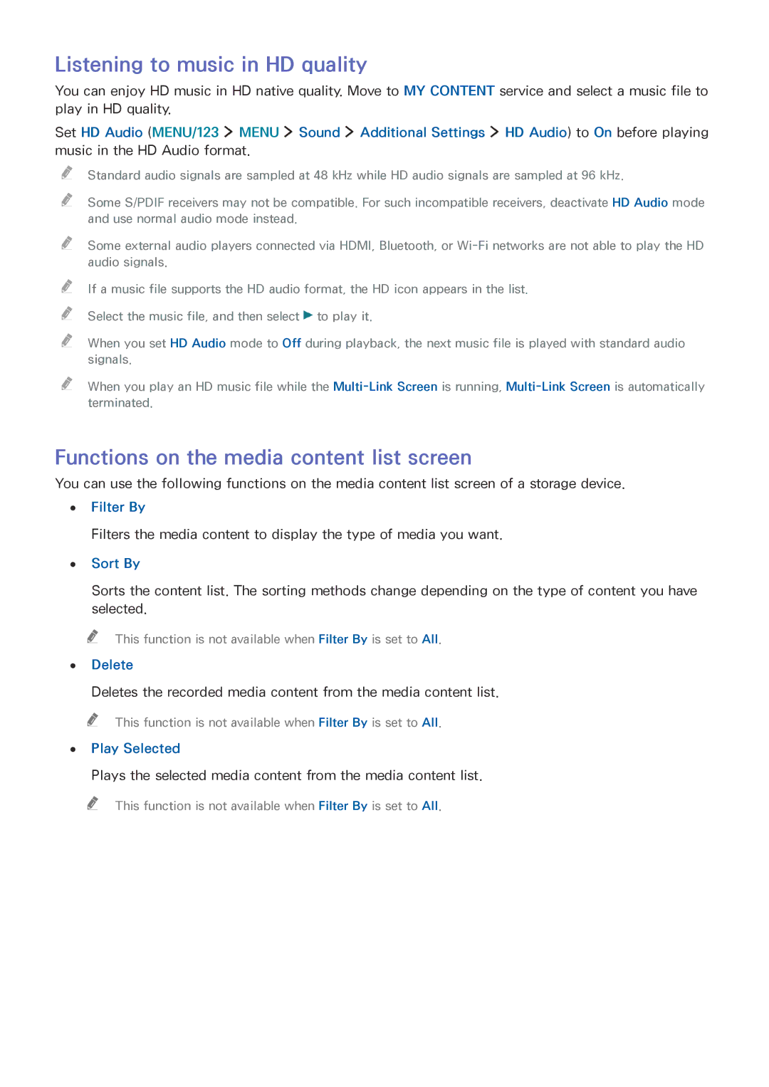 Samsung UA78JS9500KXXV Listening to music in HD quality, Functions on the media content list screen, Delete, Play Selected 