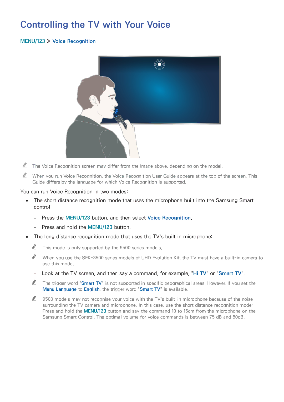 Samsung UA55JS9000KXSQ, UA65JS9000KXSK, UA65JS9000KXZN manual Controlling the TV with Your Voice, MENU/123 Voice Recognition 