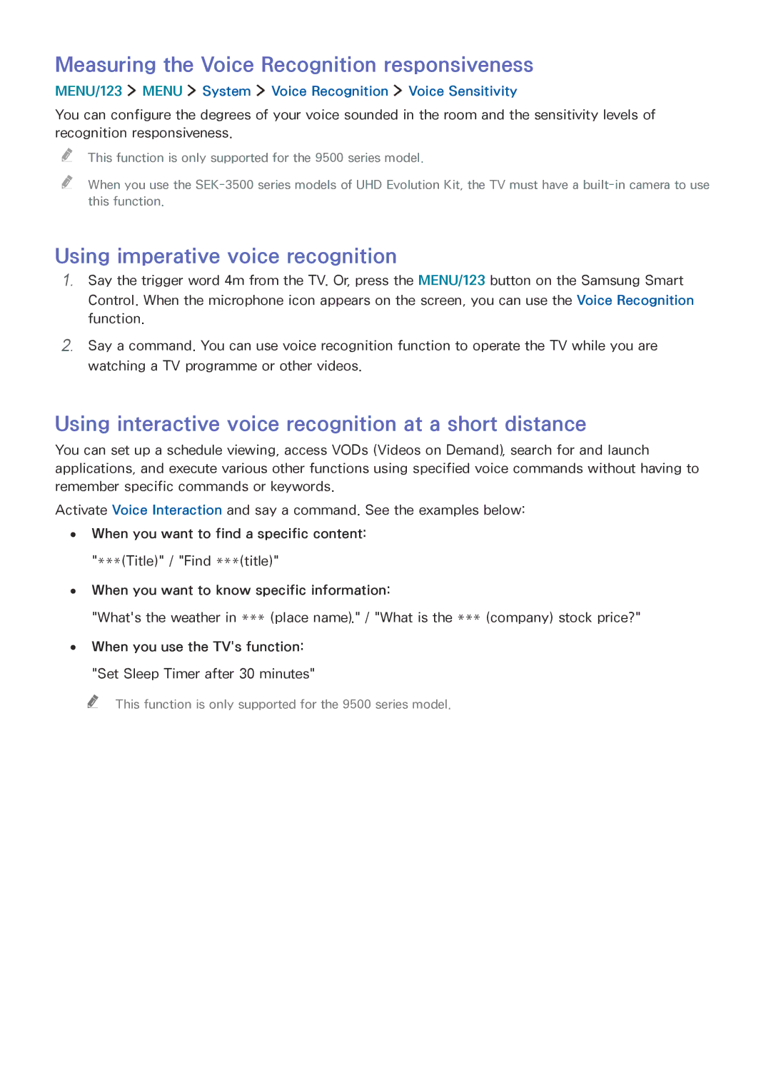 Samsung UA65JS9000KXSK, UA65JS9000KXZN Measuring the Voice Recognition responsiveness, Using imperative voice recognition 