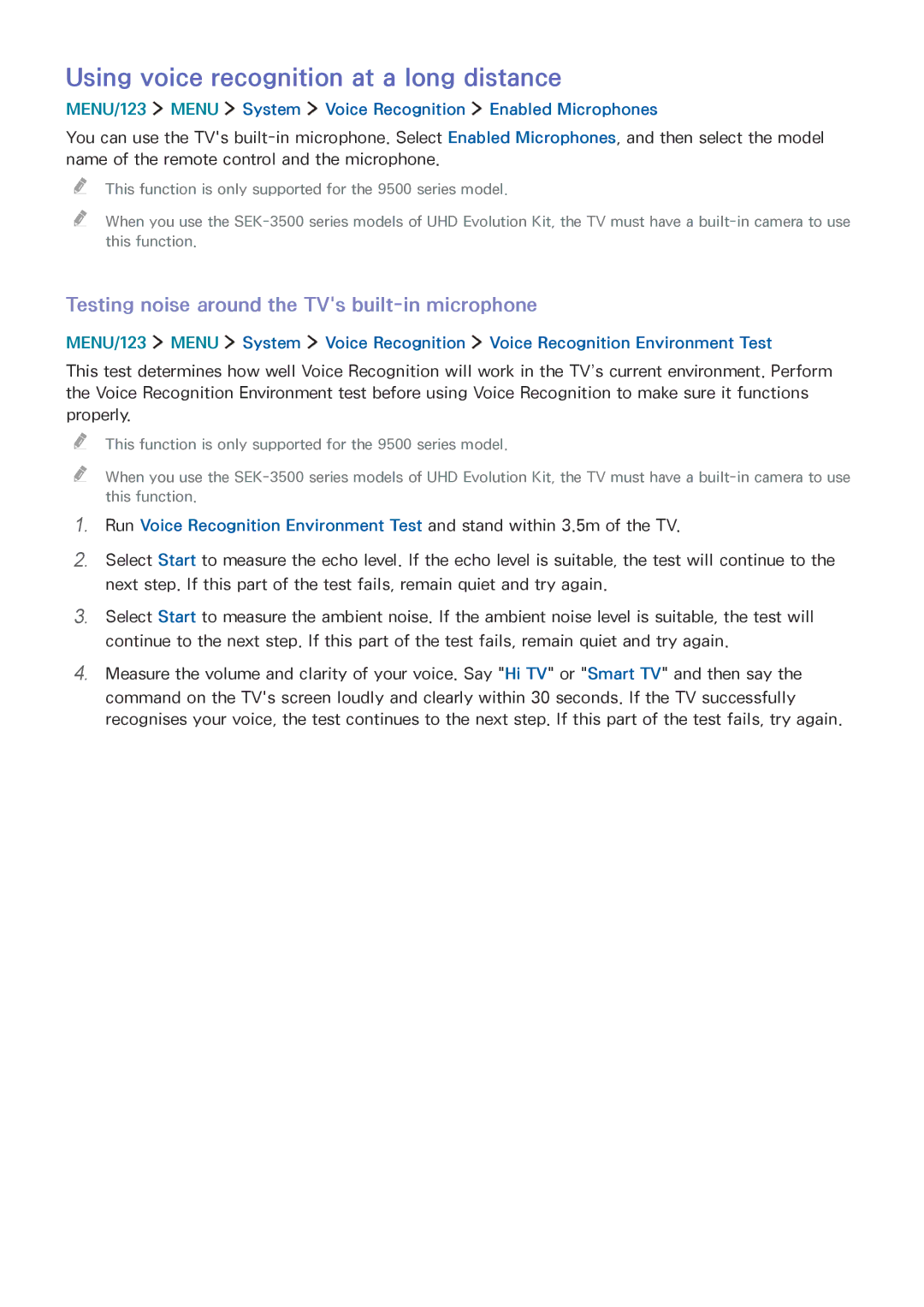 Samsung UA65JS9000KXZN manual Using voice recognition at a long distance, Testing noise around the TVs built-in microphone 