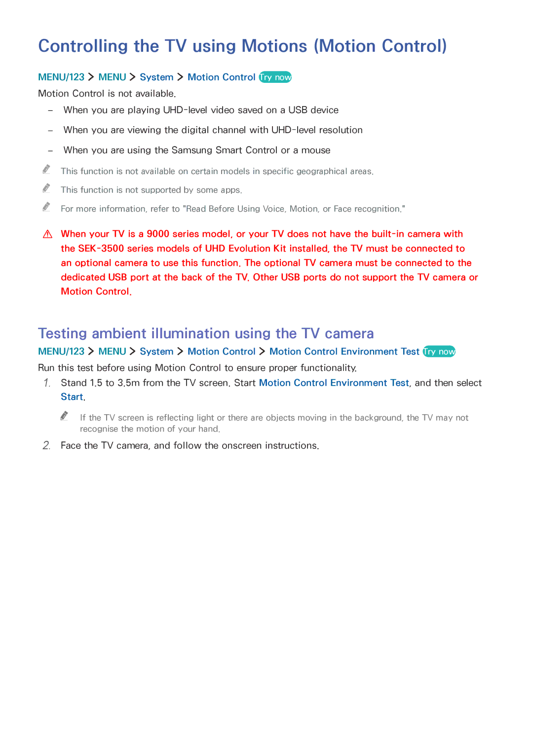 Samsung UA65JS9500KXXV Controlling the TV using Motions Motion Control, Testing ambient illumination using the TV camera 