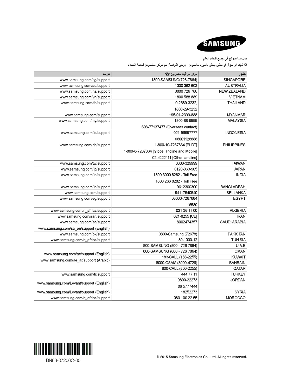 Samsung UA65JS9000KXZN manual BN68-07206C-00 