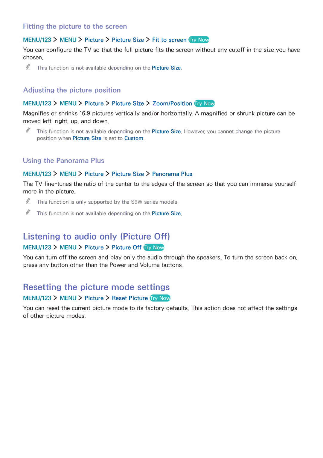 Samsung UA65JS9000RXZN Listening to audio only Picture Off, Resetting the picture mode settings, Using the Panorama Plus 