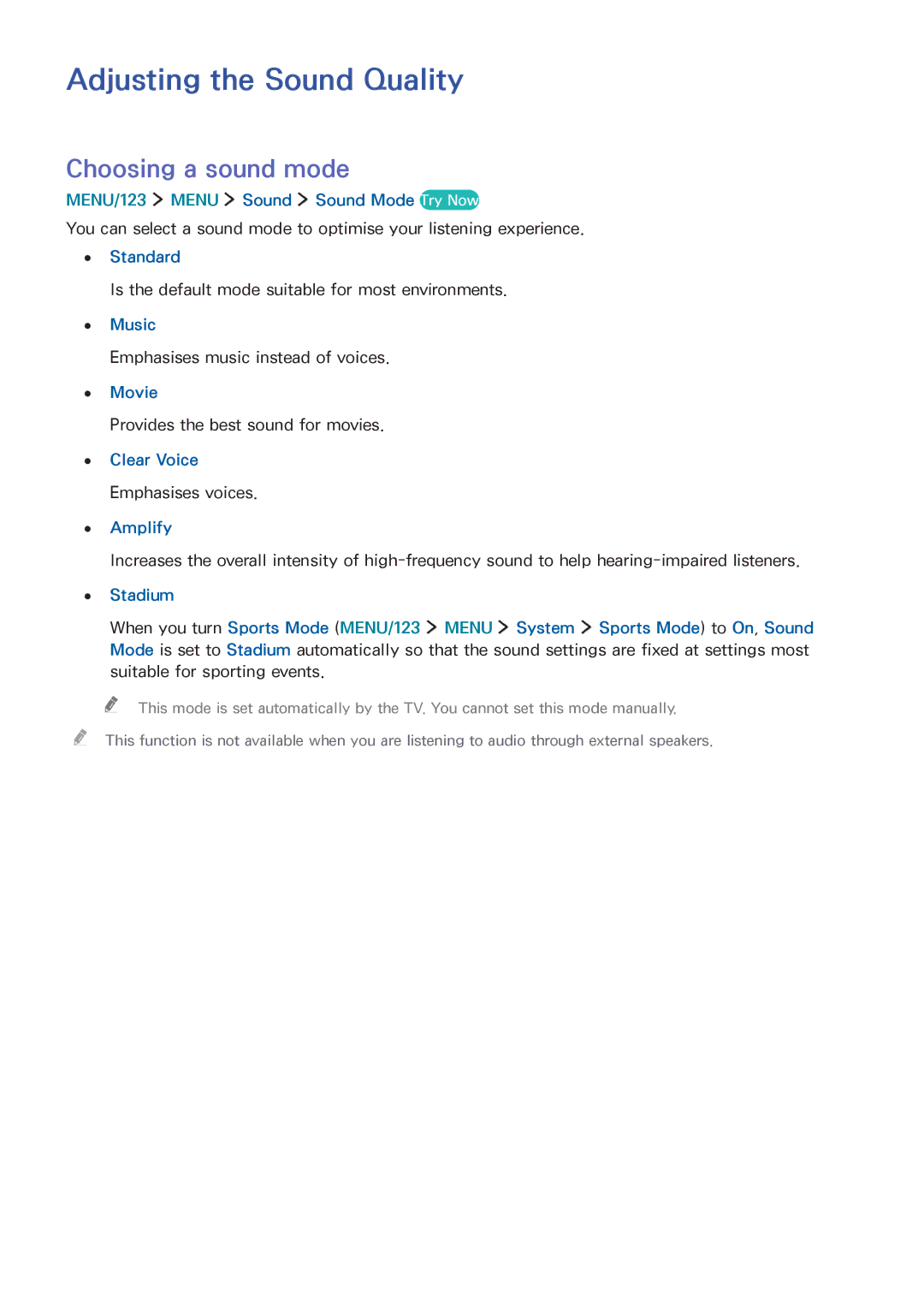 Samsung UA55JS9000RXUM, UA65JS9000RXZN, UA88JS9500RXUM, UA65JS9000RXUM Adjusting the Sound Quality, Choosing a sound mode 