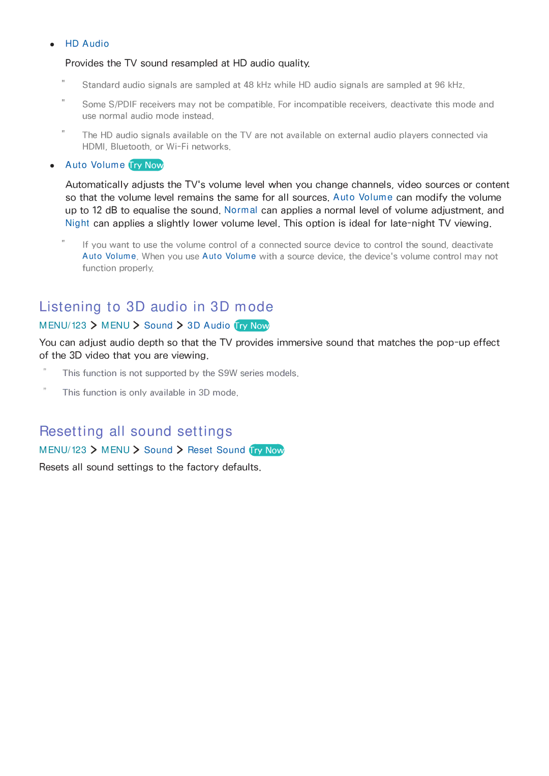 Samsung UA65JS9000RXUM, UA65JS9000RXZN, UA55JS9000RXUM manual Listening to 3D audio in 3D mode, Resetting all sound settings 