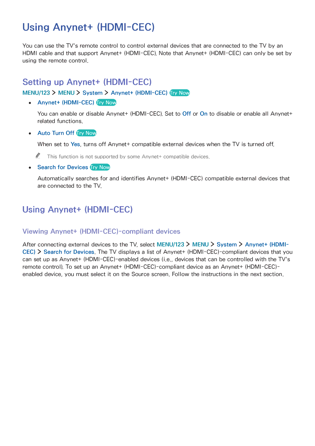 Samsung UA65JS9000RXUM Using Anynet+ HDMI-CEC, Setting up Anynet+ HDMI-CEC, Viewing Anynet+ HDMI-CEC-compliant devices 