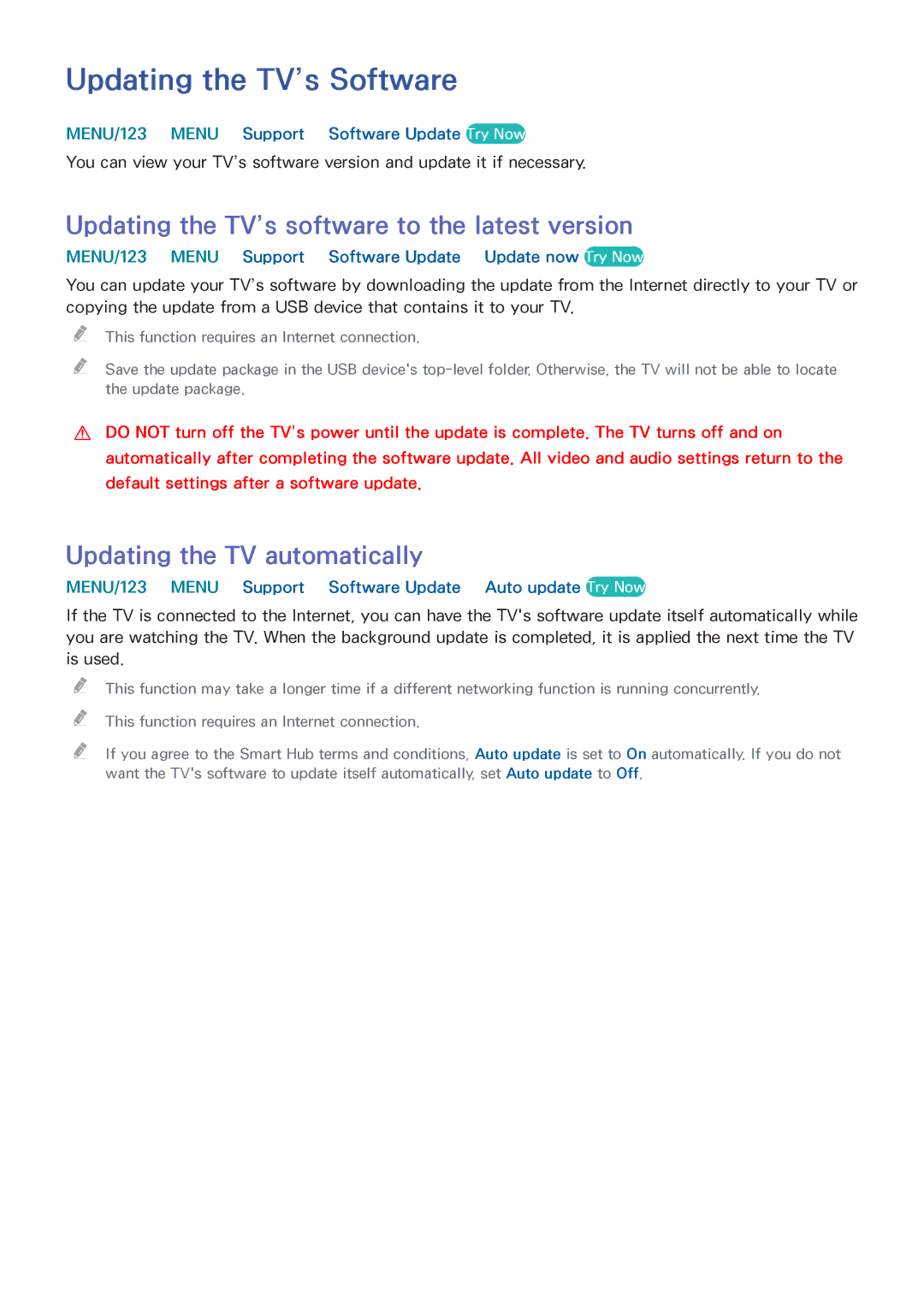 Samsung UA65JS9000RXZN, UA55JS9000RXUM manual Updating the TV’s Software, Updating the TV’s software to the latest version 