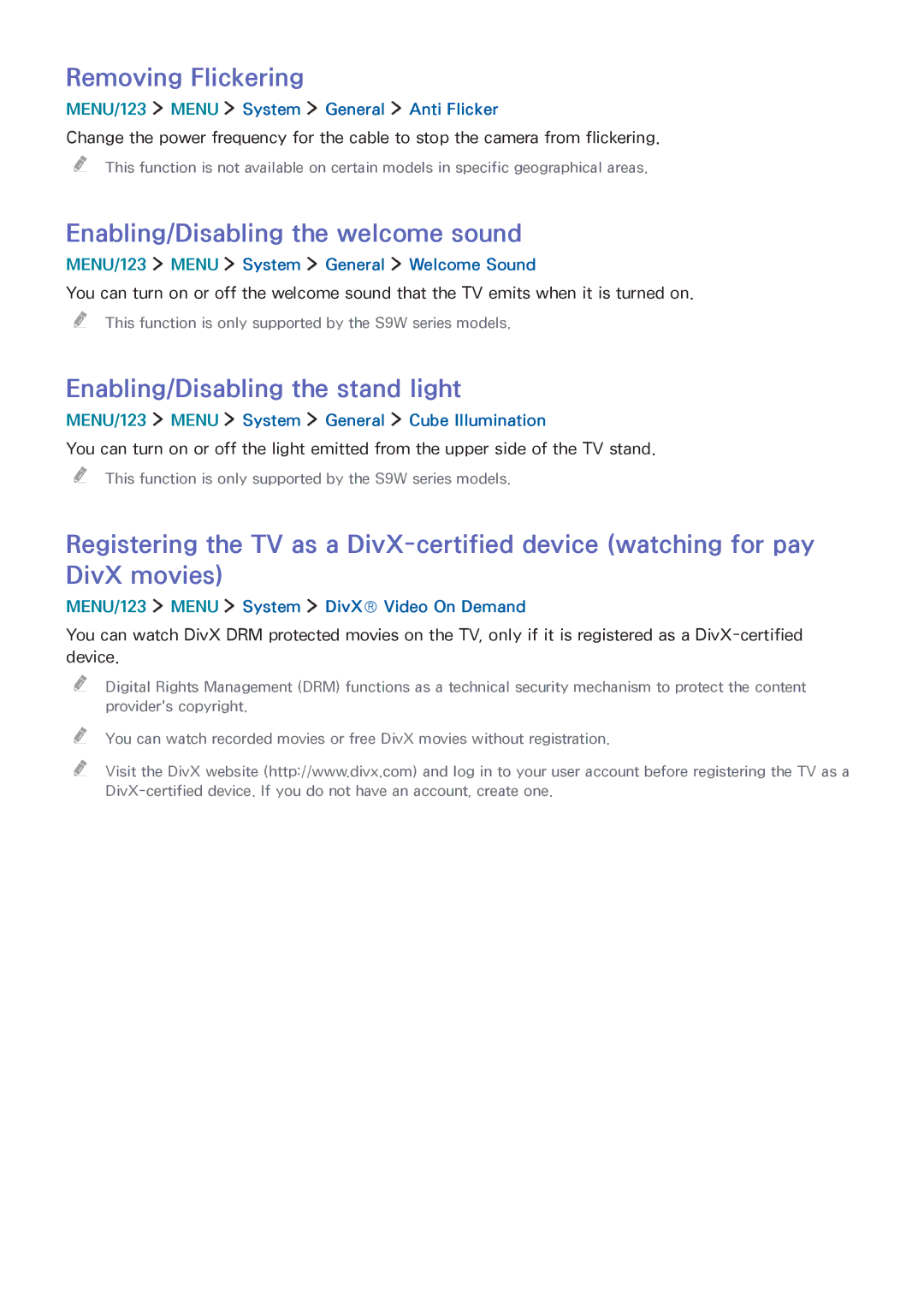 Samsung UA65JS9000RXUM manual Removing Flickering, Enabling/Disabling the welcome sound, Enabling/Disabling the stand light 