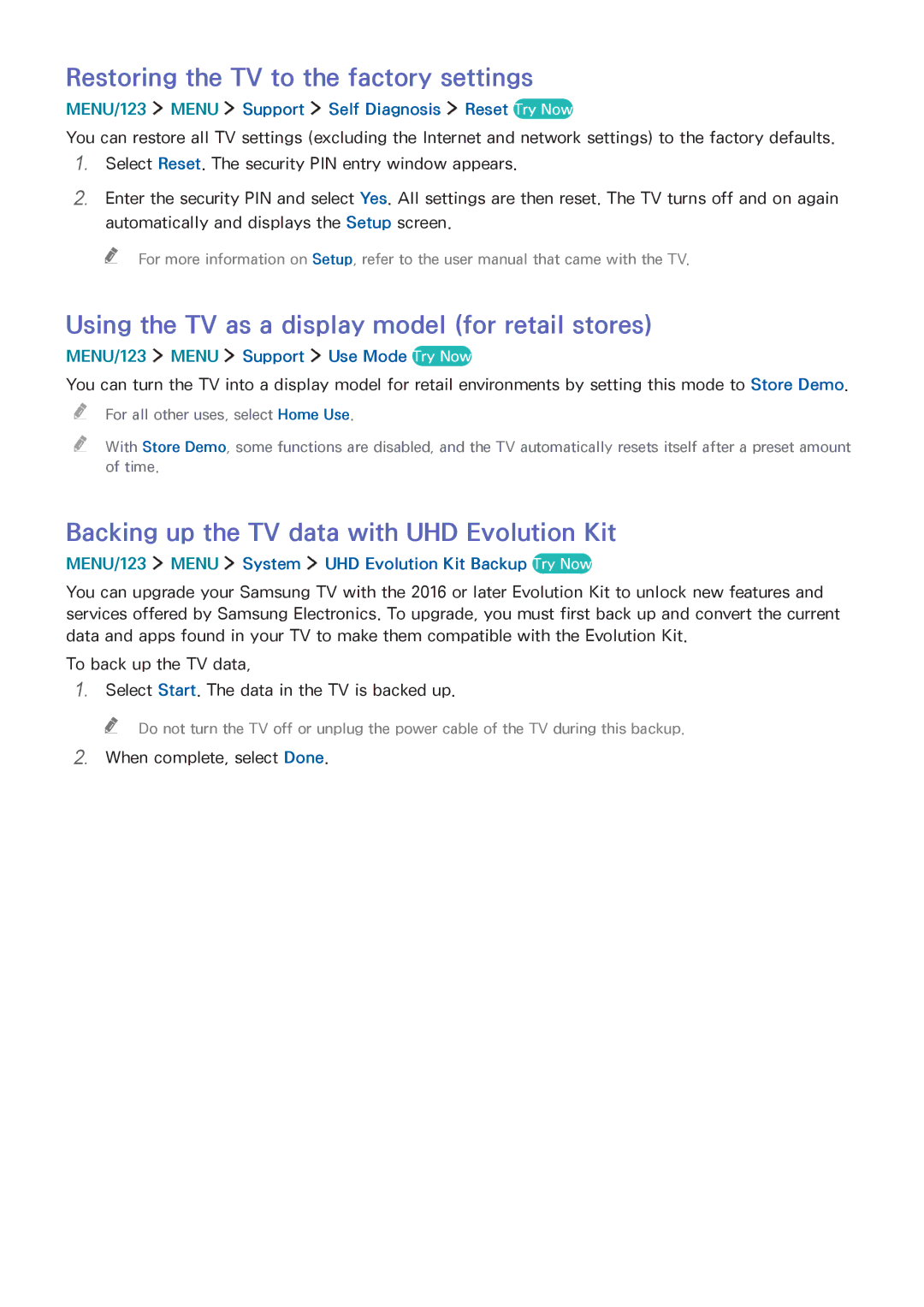 Samsung UA78JS9500RXUM manual Restoring the TV to the factory settings, Using the TV as a display model for retail stores 