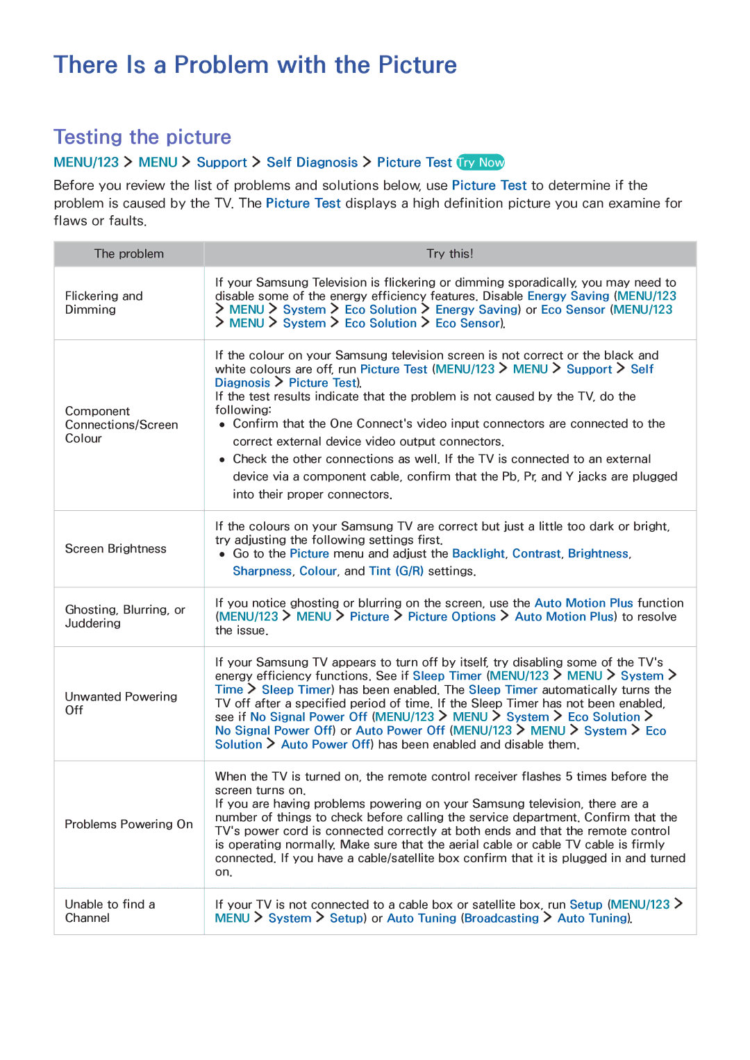 Samsung UA78JS9500RXUM, UA65JS9000RXZN, UA55JS9000RXUM manual There Is a Problem with the Picture, Testing the picture 