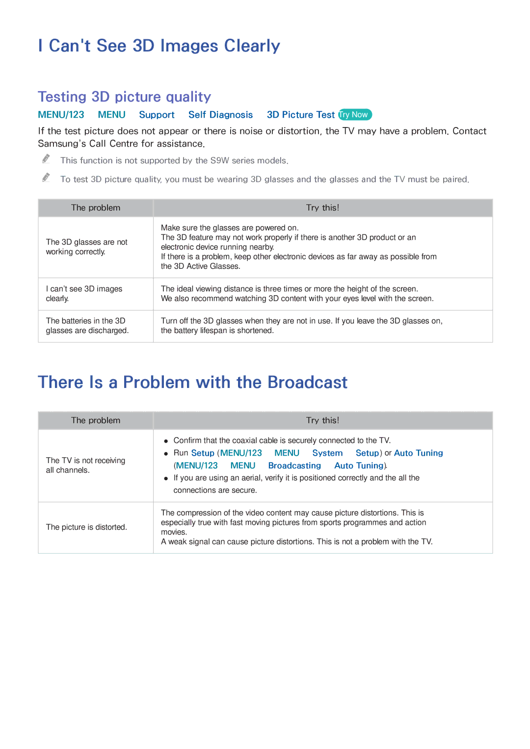 Samsung UA88JS9500RXUM manual Cant See 3D Images Clearly, There Is a Problem with the Broadcast, Testing 3D picture quality 