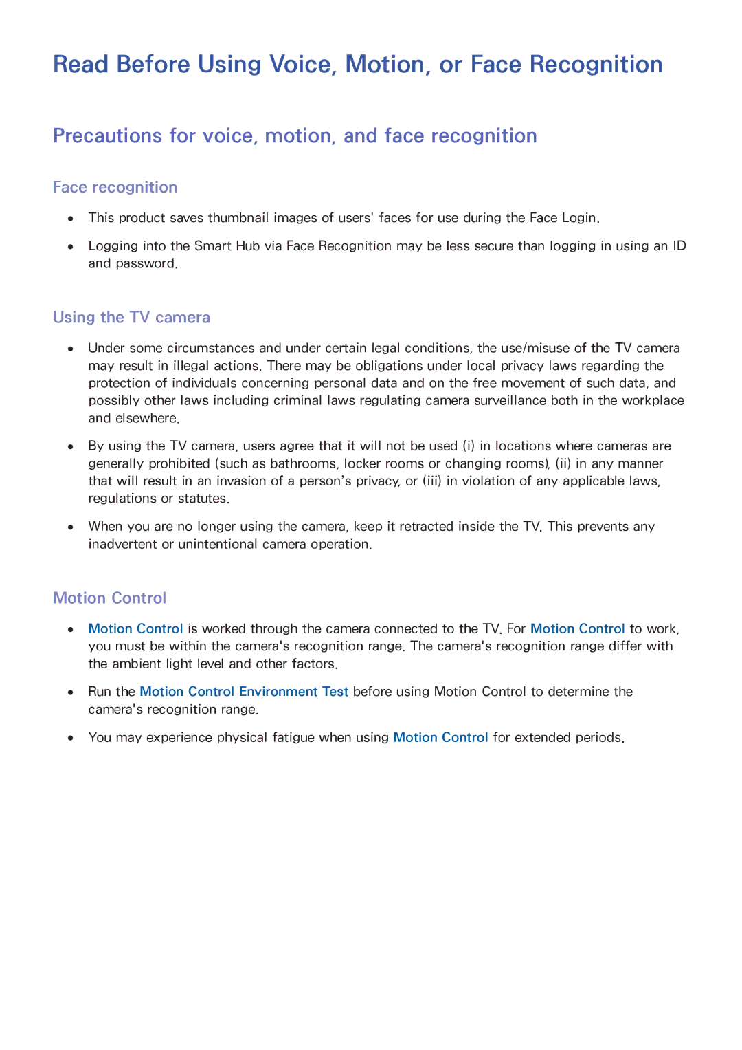 Samsung UA65JS9000RXUM manual Read Before Using Voice, Motion, or Face Recognition, Face recognition, Using the TV camera 