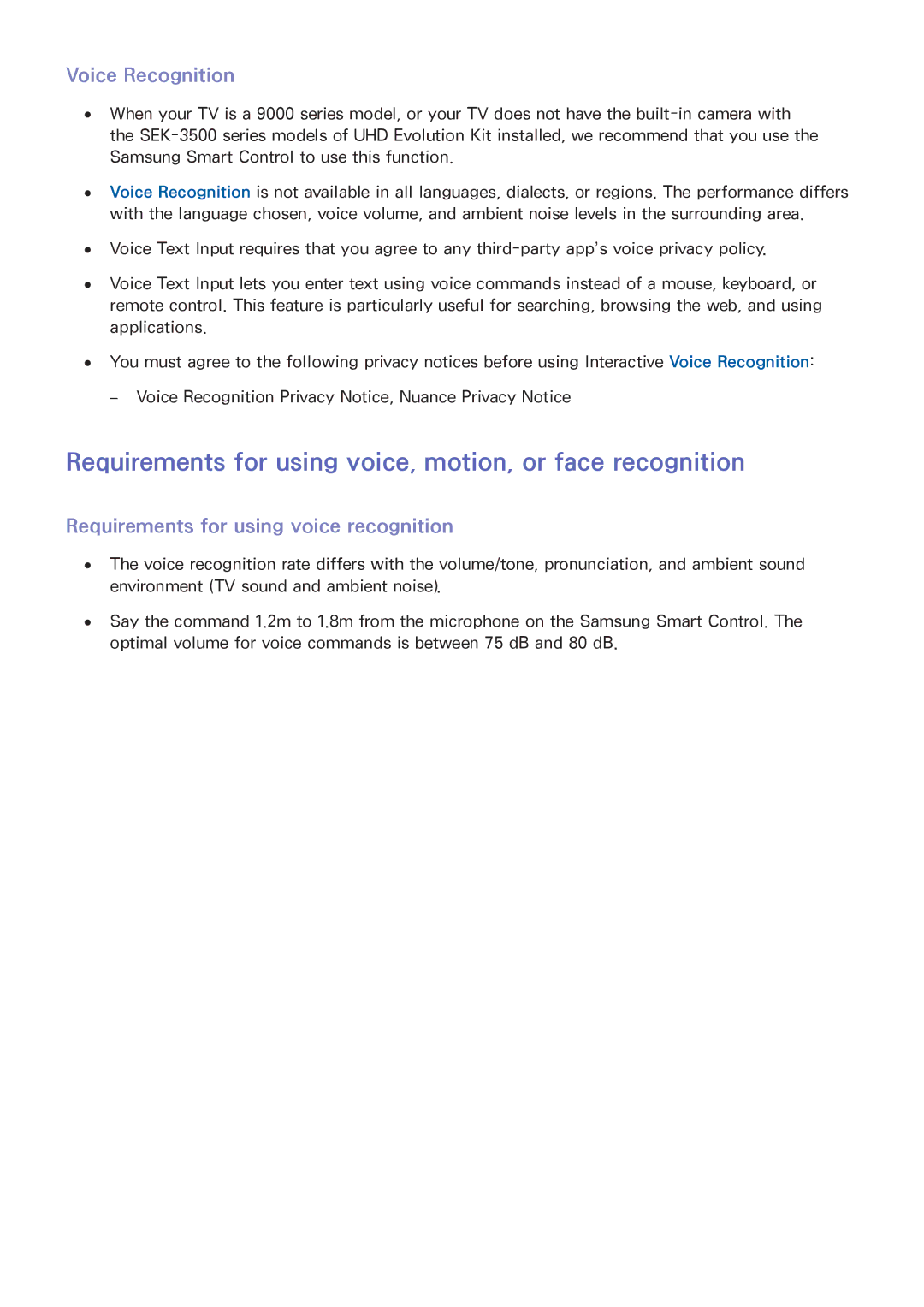 Samsung UA78JS9500RXUM, UA65JS9000RXZN manual Requirements for using voice, motion, or face recognition, Voice Recognition 