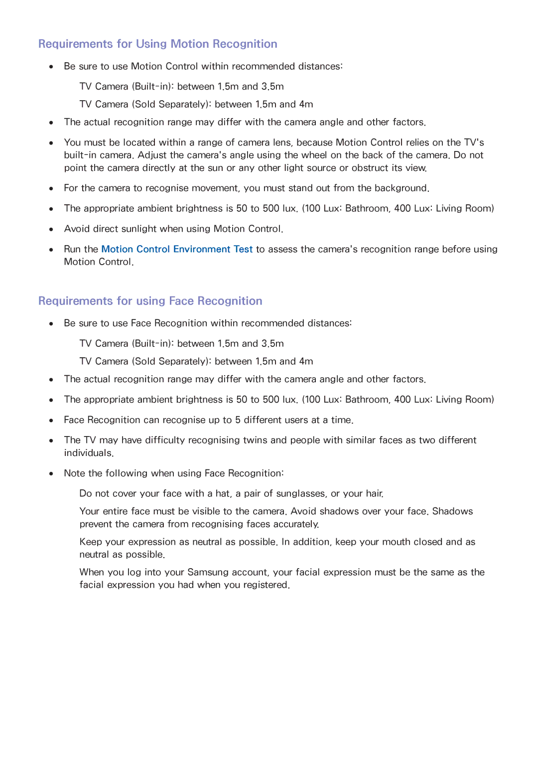 Samsung UA65JS9000RXZN, UA55JS9000RXUM Requirements for Using Motion Recognition, Requirements for using Face Recognition 