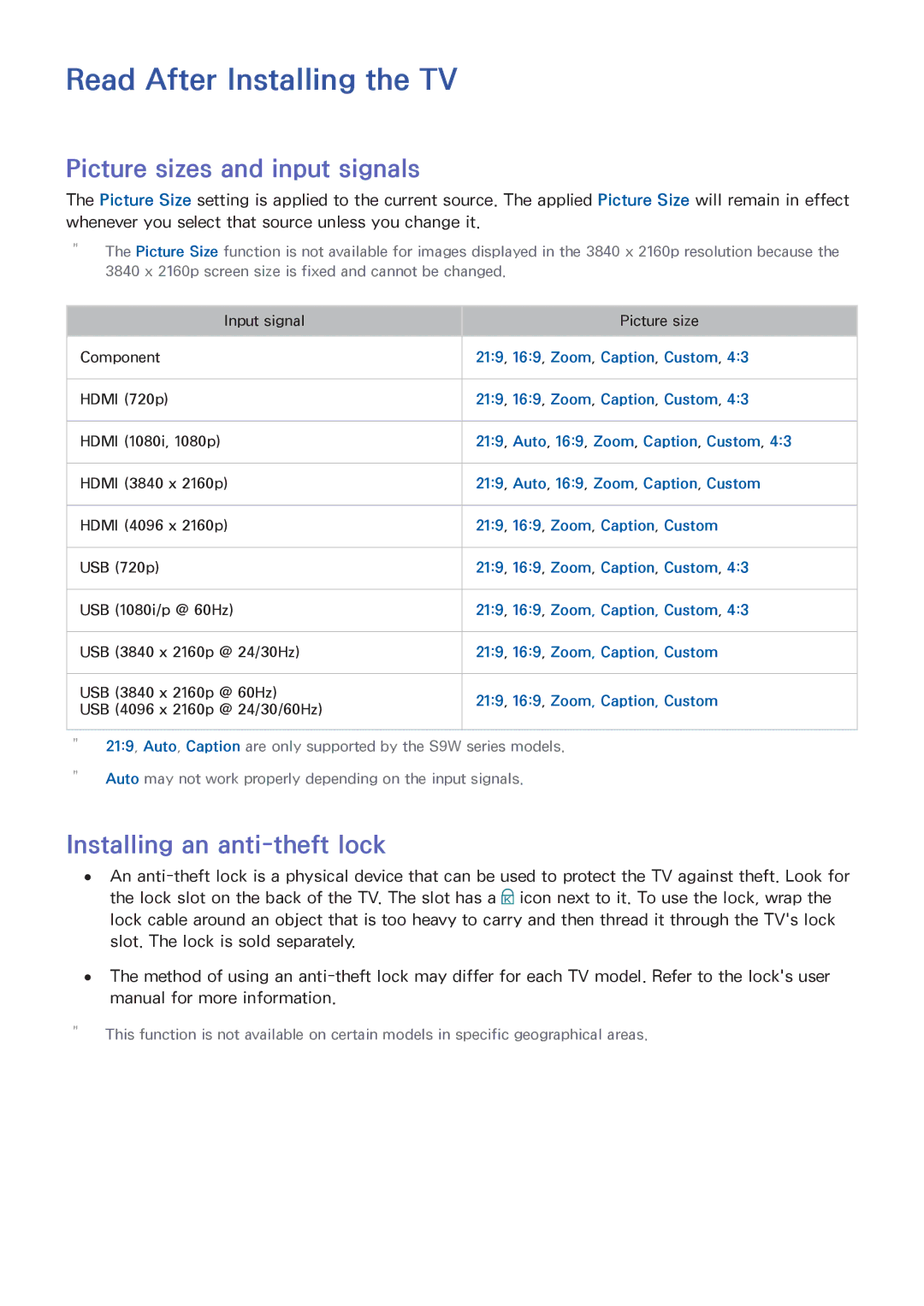 Samsung UA78JS9500RXUM manual Read After Installing the TV, Picture sizes and input signals, Installing an anti-theft lock 