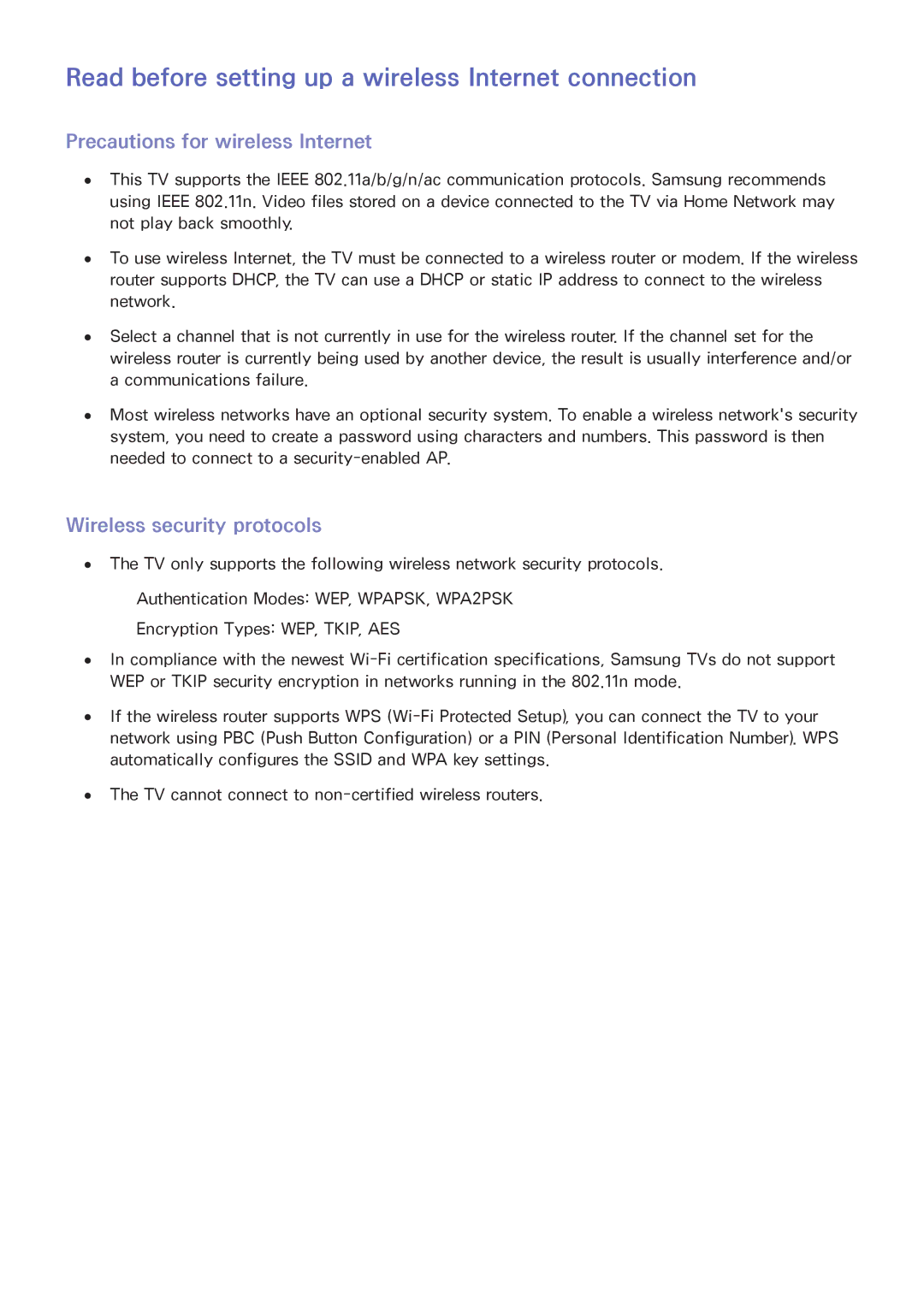 Samsung UA65JS9000RXZN manual Read before setting up a wireless Internet connection, Precautions for wireless Internet 