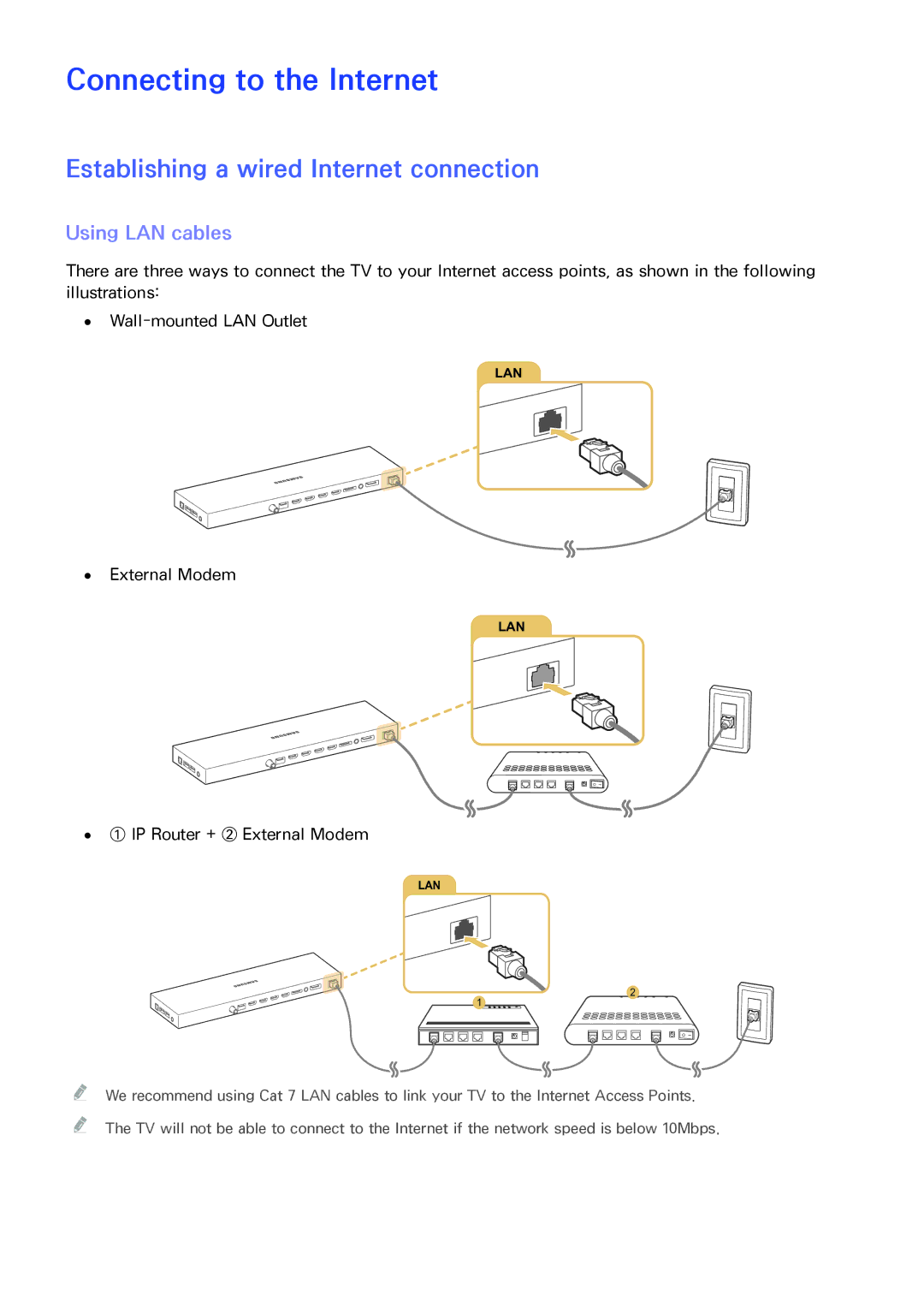 Samsung UA65JS9000RXUM manual Connecting to the Internet, Establishing a wired Internet connection, Using LAN cables 