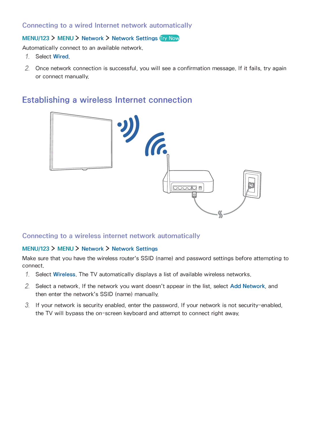 Samsung UA78JS9500RXUM Establishing a wireless Internet connection, Connecting to a wired Internet network automatically 