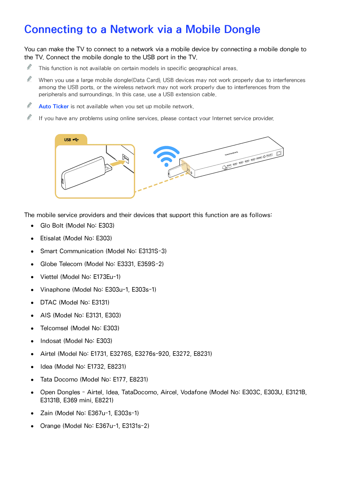 Samsung UA55JS9000RXUM, UA65JS9000RXZN, UA88JS9500RXUM, UA65JS9000RXUM manual Connecting to a Network via a Mobile Dongle 