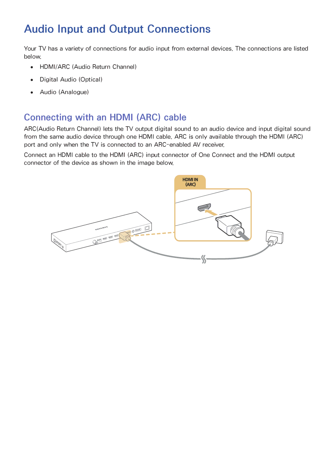 Samsung UA55JS9000RXUM, UA65JS9000RXZN manual Audio Input and Output Connections, Connecting with an Hdmi ARC cable 