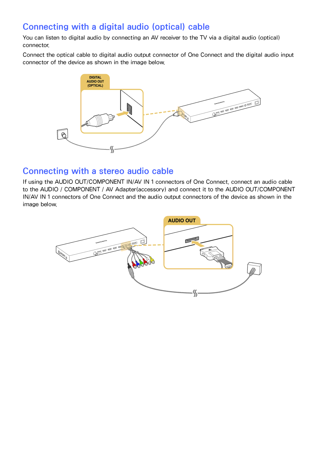 Samsung UA88JS9500RXUM, UA65JS9000RXZN Connecting with a digital audio optical cable, Connecting with a stereo audio cable 