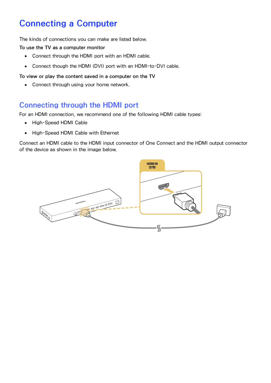 Samsung UA65JS9000RXUM Connecting a Computer, Connecting through the Hdmi port, Connect through using your home network 