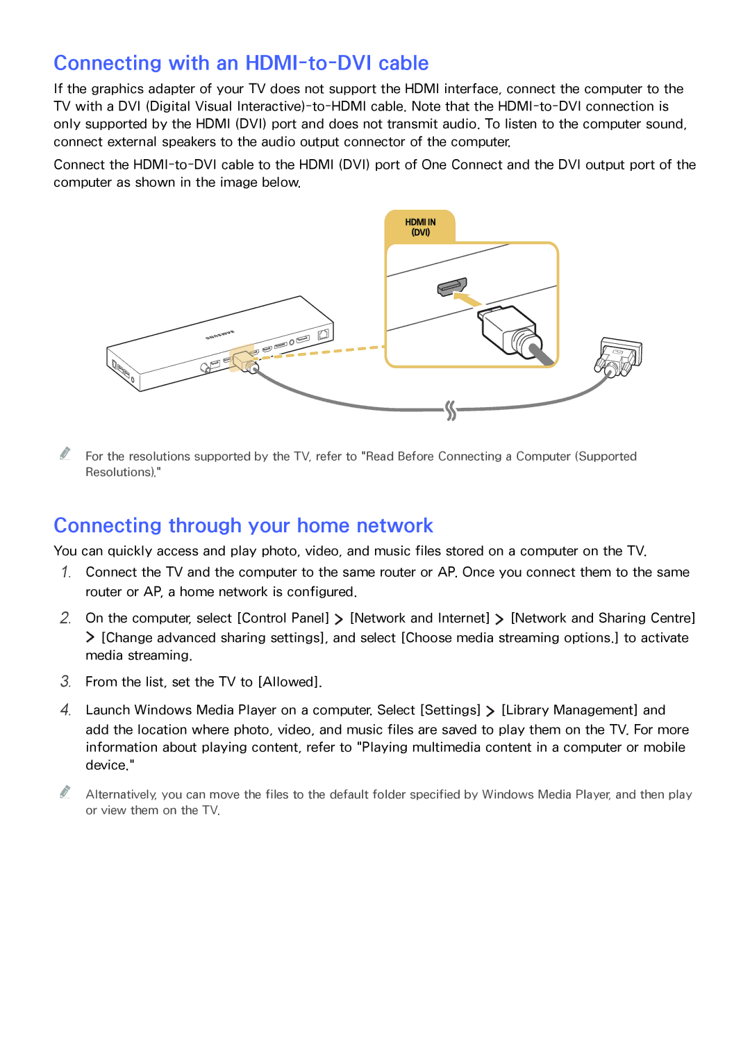 Samsung UA78JS9500RXUM, UA65JS9000RXZN manual Connecting with an HDMI-to-DVI cable, Connecting through your home network 