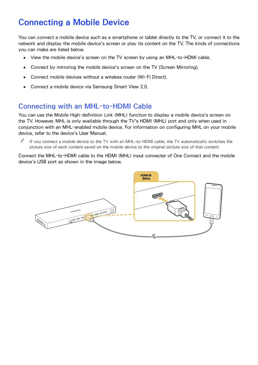 Samsung UA65JS9000RXZN, UA55JS9000RXUM, UA88JS9500RXUM Connecting a Mobile Device, Connecting with an MHL-to-HDMI Cable 