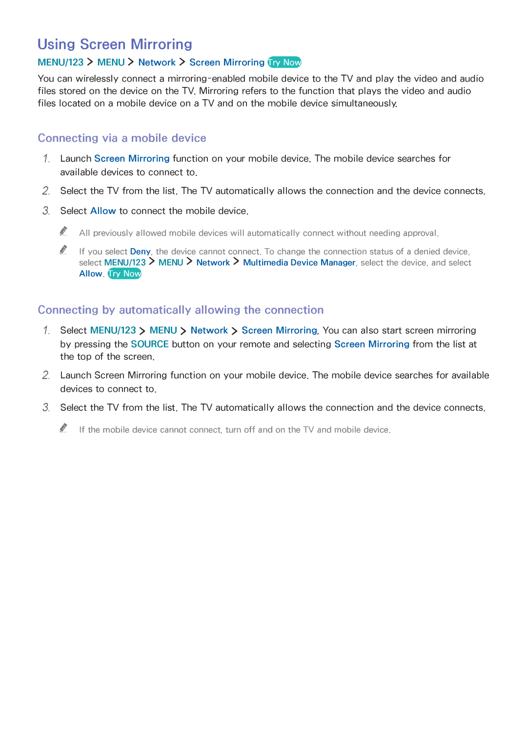 Samsung UA55JS9000RXUM, UA65JS9000RXZN, UA88JS9500RXUM manual Using Screen Mirroring, Connecting via a mobile device 