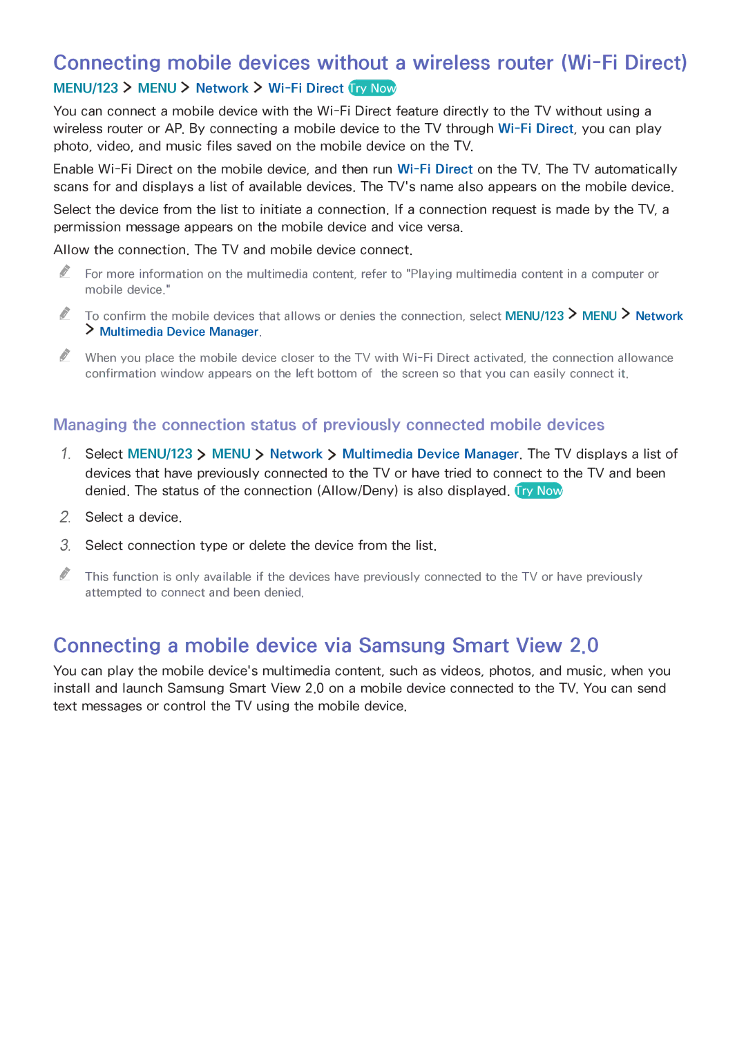 Samsung UA88JS9500RXUM manual Connecting a mobile device via Samsung Smart View, MENU/123 Menu Network Wi-Fi Direct Try Now 