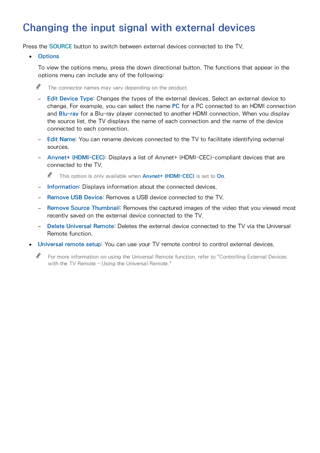 Samsung UA65JS9000RXUM, UA65JS9000RXZN, UA55JS9000RXUM manual Changing the input signal with external devices, Options 