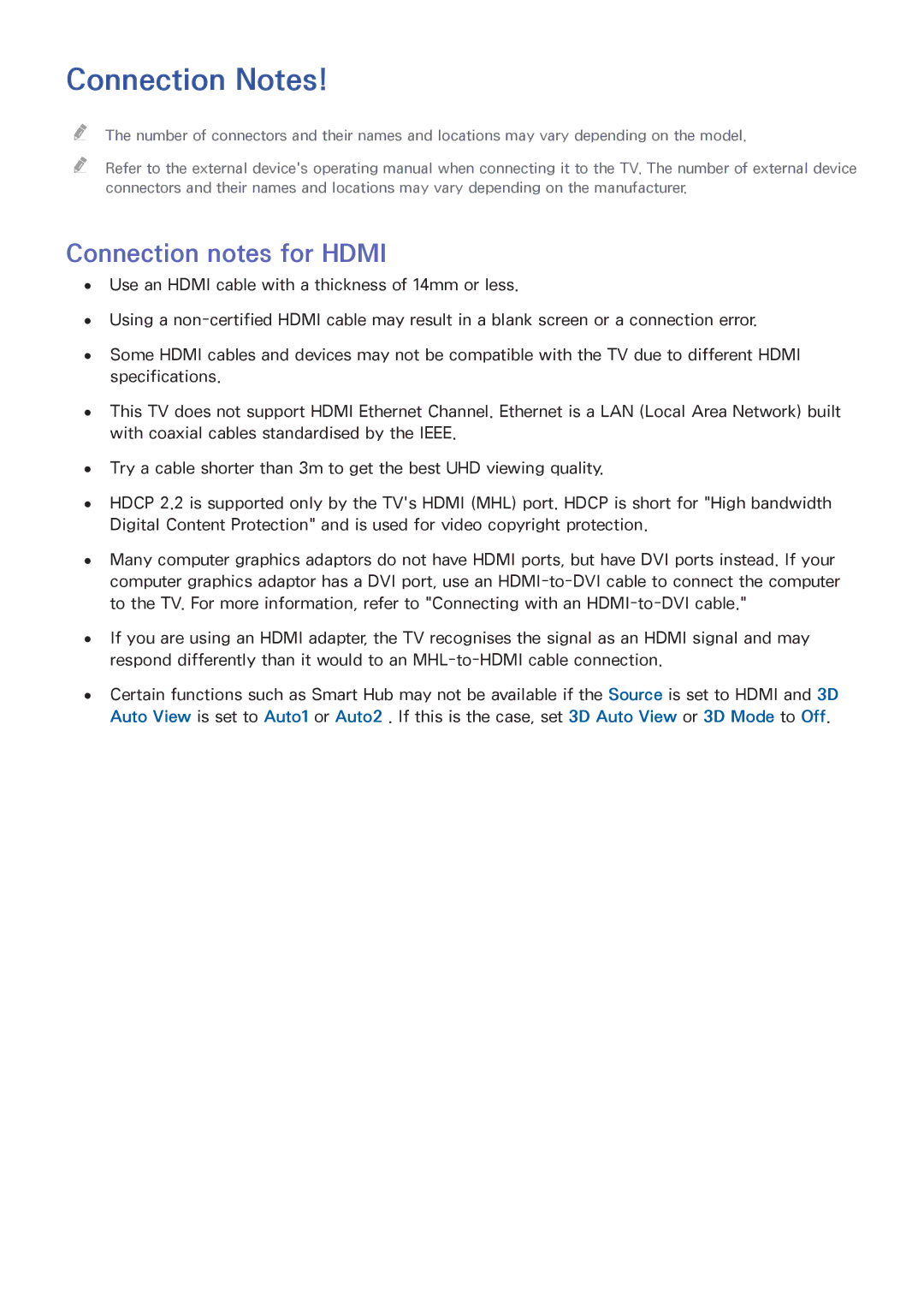 Samsung UA78JS9500RXUM, UA65JS9000RXZN, UA55JS9000RXUM, UA88JS9500RXUM manual Connection Notes, Connection notes for Hdmi 