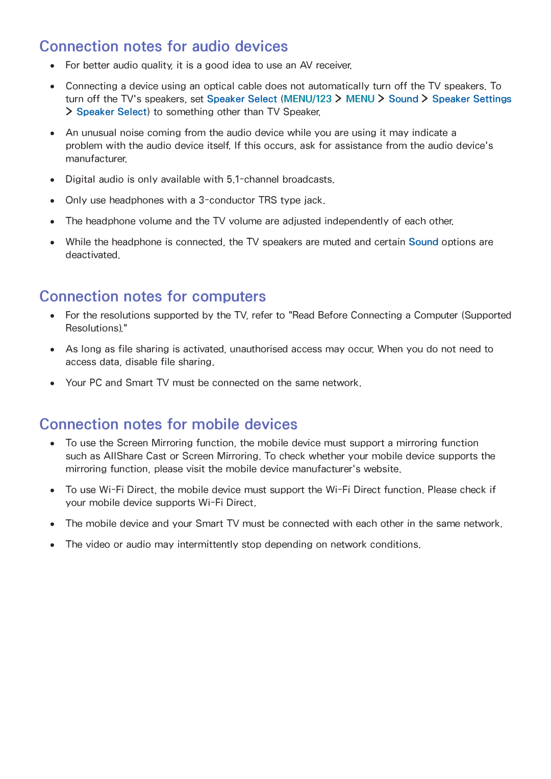 Samsung UA65JS9000RXZN, UA55JS9000RXUM, UA88JS9500RXUM Connection notes for audio devices, Connection notes for computers 