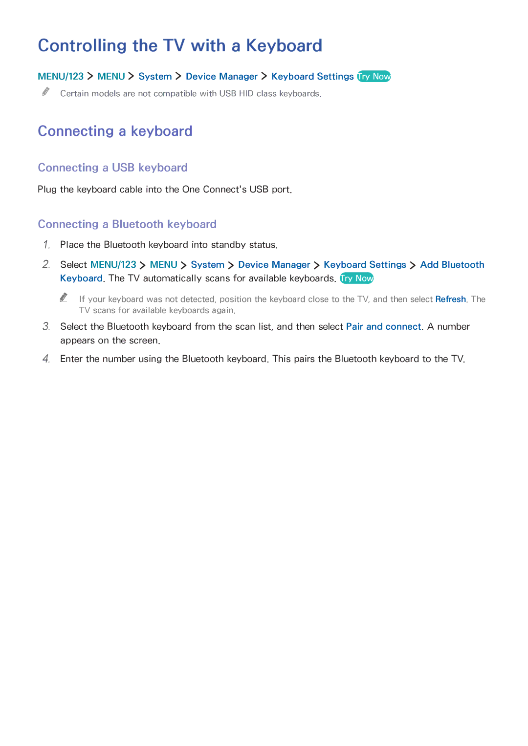 Samsung UA88JS9500RXUM manual Controlling the TV with a Keyboard, Connecting a keyboard, Connecting a USB keyboard 