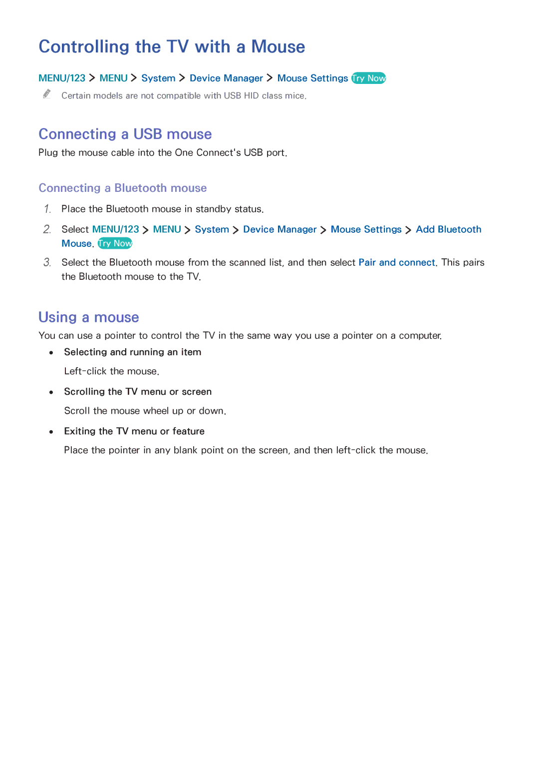 Samsung UA78JS9500RXUM, UA65JS9000RXZN manual Controlling the TV with a Mouse, Connecting a USB mouse, Using a mouse 