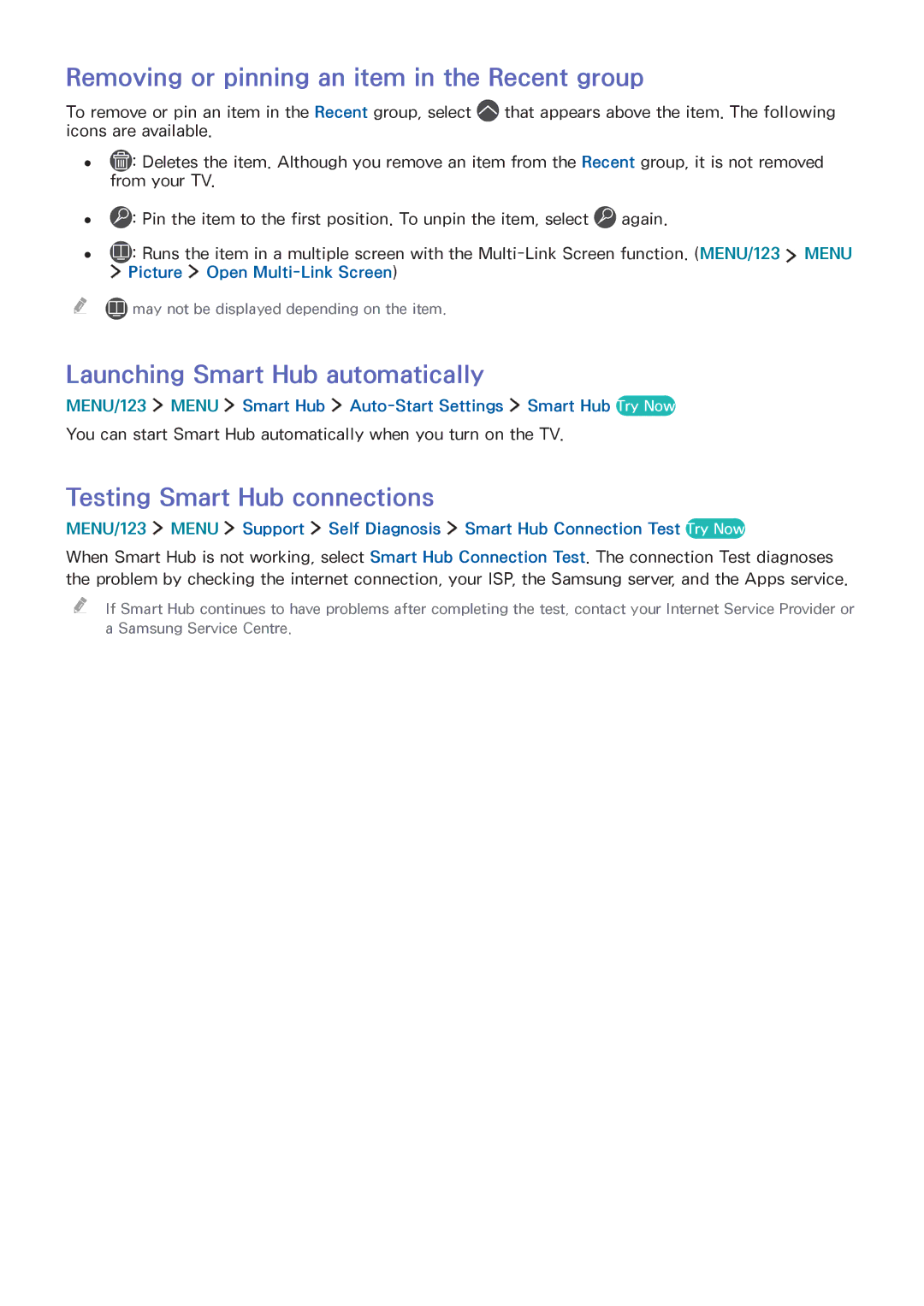 Samsung UA65JS9000RXUM, UA65JS9000RXZN Removing or pinning an item in the Recent group, Launching Smart Hub automatically 