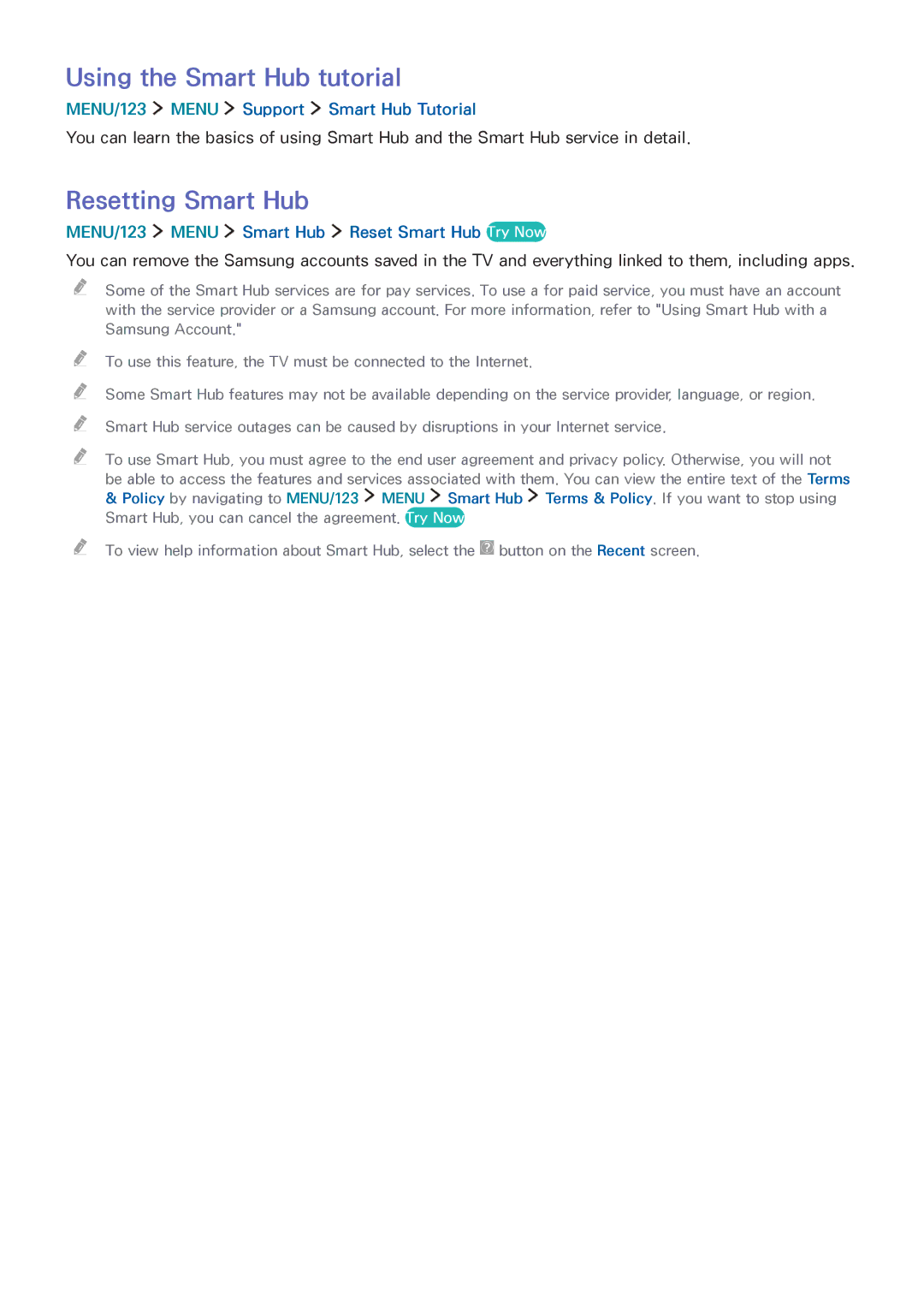 Samsung UA78JS9500RXUM manual Using the Smart Hub tutorial, Resetting Smart Hub, MENU/123 Menu Support Smart Hub Tutorial 