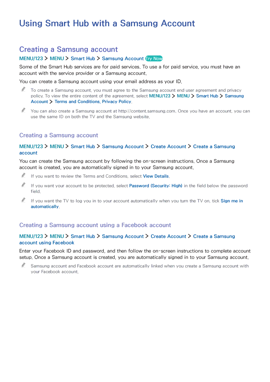 Samsung UA65JS9000RXZN, UA55JS9000RXUM, UA88JS9500RXUM Using Smart Hub with a Samsung Account, Creating a Samsung account 