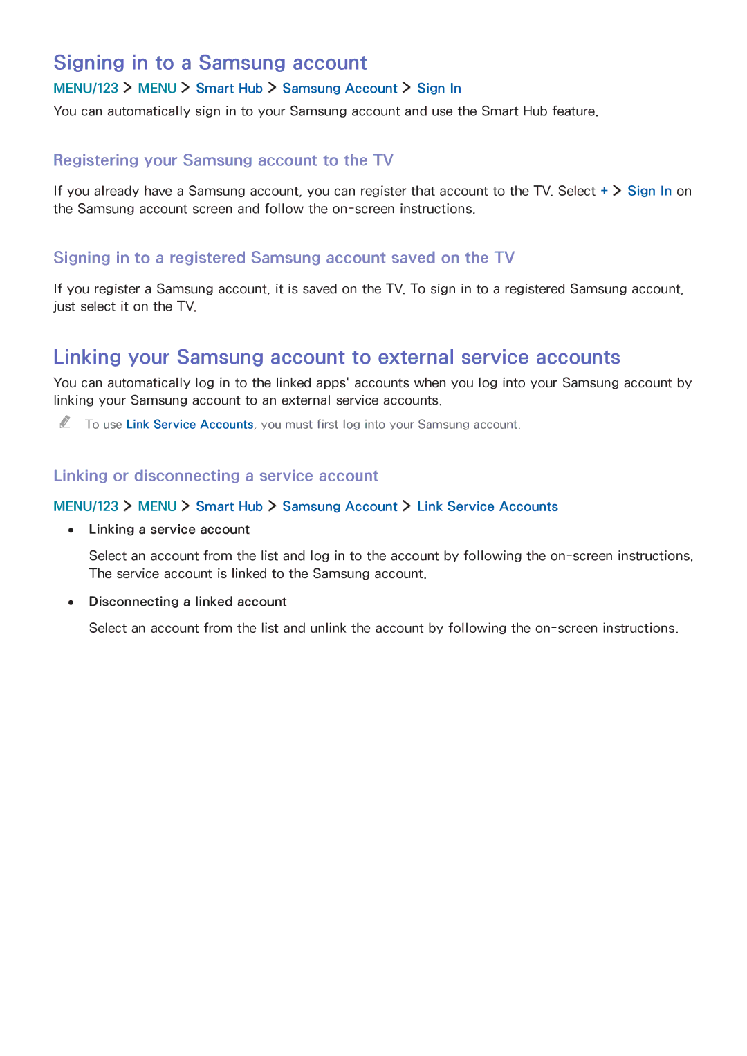 Samsung UA55JS9000RXUM manual Signing in to a Samsung account, Linking your Samsung account to external service accounts 